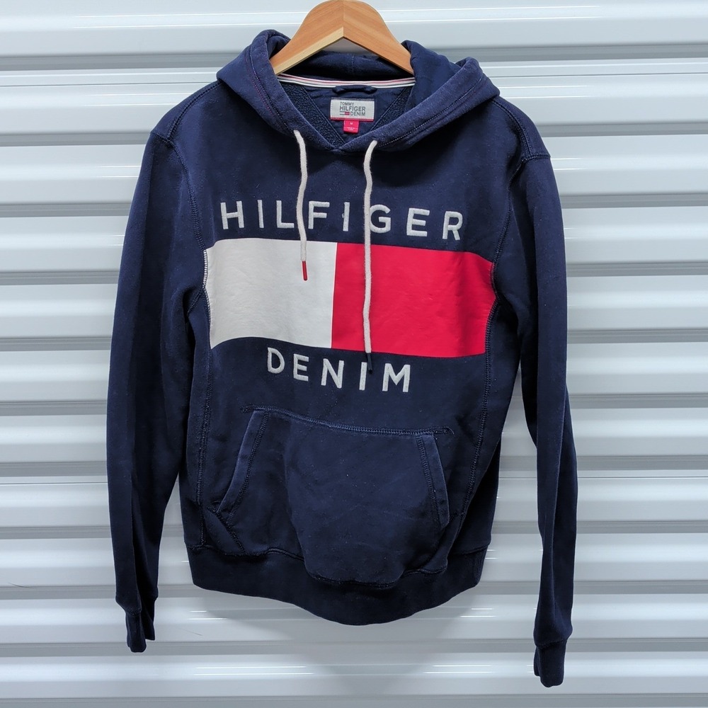 Tommy Hilfiger Denim Hoodie Size M Mens Navy Blue Flag Logo Graphic Sweatshirt